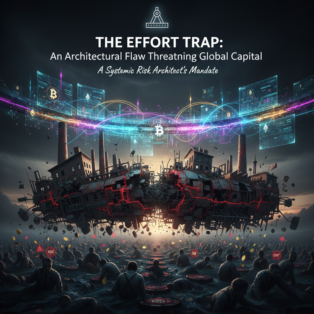 Systemic Risk Capitalism: A conceptual image illustrating the "Effort Trap" where a large, dark, broken 19th-century industrial structure (representing flawed capitalism) floats above people struggling. Bright, digital lines and cryptocurrency symbols (like Bitcoin and Ethereum) arch over the broken structure, symbolizing the role of new technology in fixing the core architectural flaw and mitigating systemic risk capitalism.