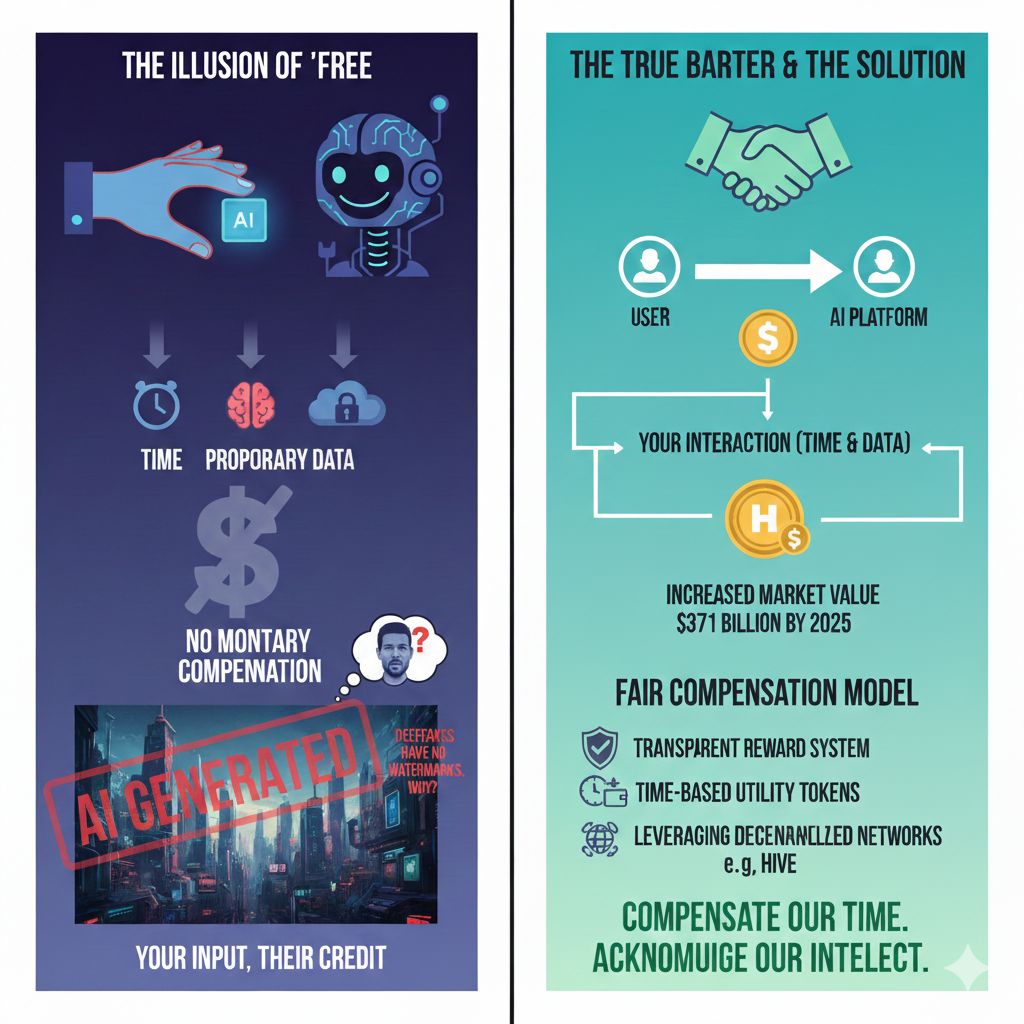 AI Barter System Infographic detailing the hidden costs of 'free' AI usage and proposing a fair compensation model.